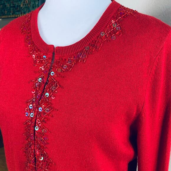 Vintage Size M Silk Cashmere Sequined Cardigan Sweater Red Holiday Christmas - Picture 6 of 14